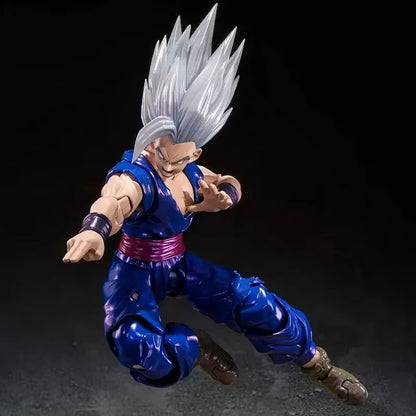 Action figure in blue and purple outfit with white spiky hair on a dark background Bandai S.H.Figuarts Dragon Ball Super: Super Hero Son Gohan Beast Authentic Premium Event Exclusive Action Figure
