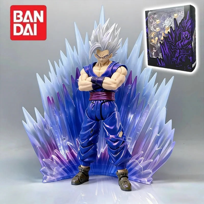 Action figure with blue and purple design, standing on a gray background with Bandai logo. Bandai S.H.Figuarts Dragon Ball Super: Super Hero Son Gohan Beast Authentic Premium Event Exclusive Action Figure