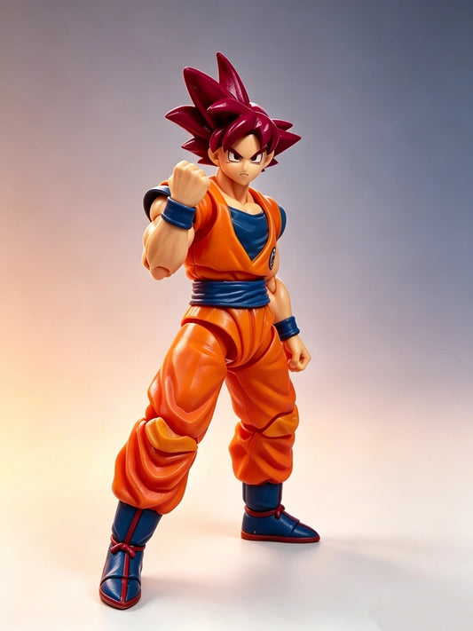 Action figure in orange and blue outfit with red hair on a gradient background Bandai S.H.Figuarts Dragon Ball Super: Super Saiyan God Son Goku Authentic Premium Action Figure