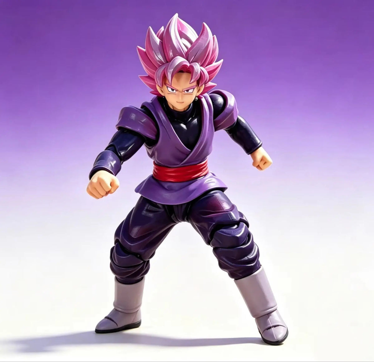 Action figure with pink hair and purple outfit on a gradient background Bandai S.H.Figuarts Dragon Ball Super: Super Saiyan Rosé Goku Black Authentic Premium Action Figure