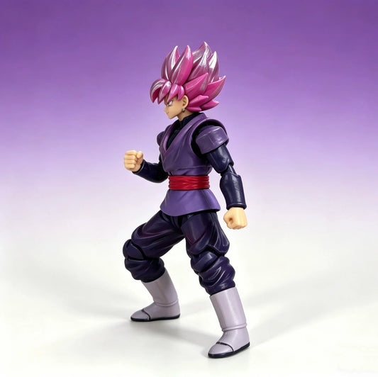 Action figure with pink hair and purple outfit on a gradient background Bandai S.H.Figuarts Dragon Ball Super: Super Saiyan Rosé Goku Black Authentic Premium Action Figure