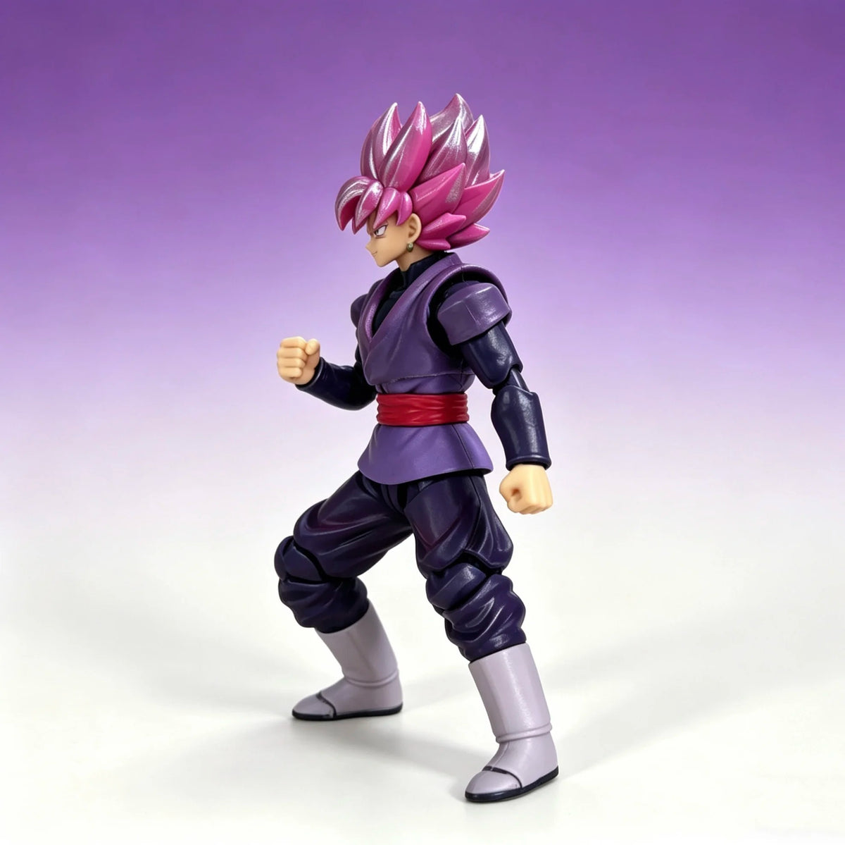 Action figure with pink hair and purple outfit on a gradient background Bandai S.H.Figuarts Dragon Ball Super: Super Saiyan Rosé Goku Black Authentic Premium Action Figure
