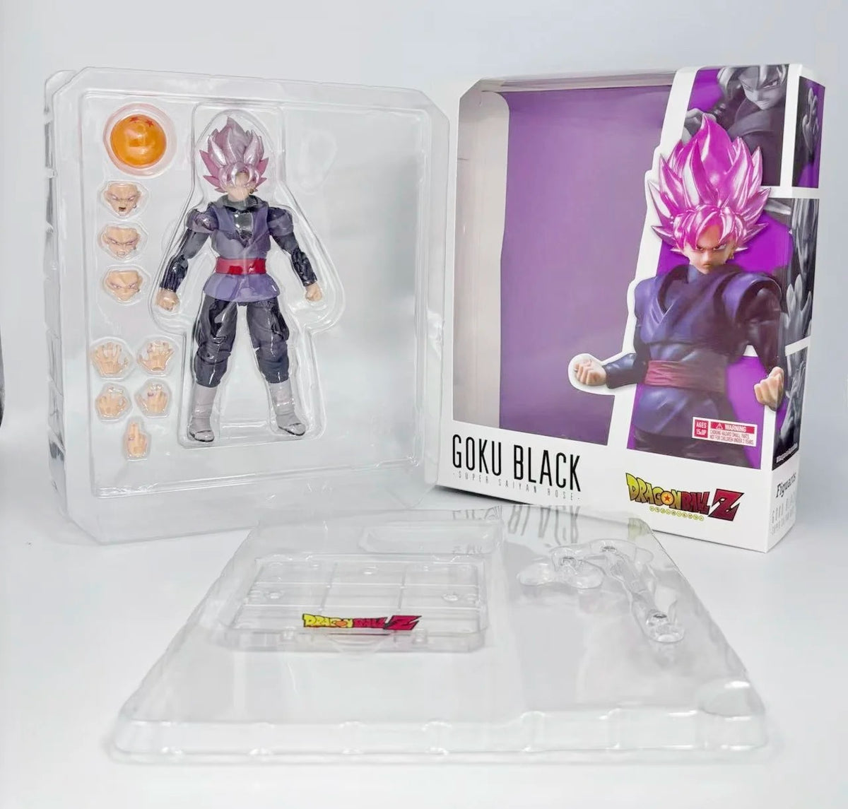 Goku Black action figure in packaging on a white background Bandai S.H.Figuarts Dragon Ball Super: Super Saiyan Rosé Goku Black Authentic Premium Action Figure