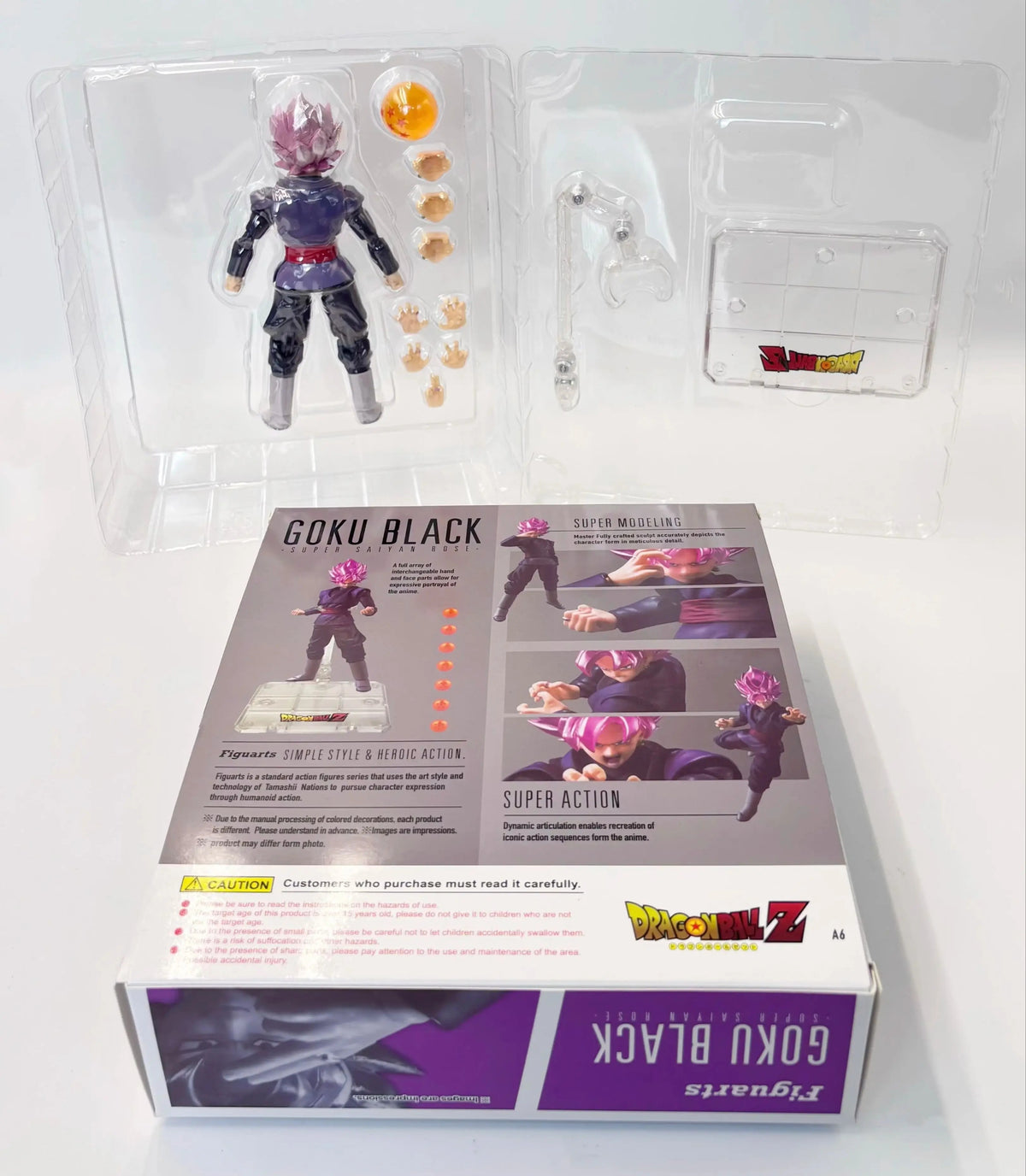 Goku Black action figure in packaging with instructions and branding Bandai S.H.Figuarts Dragon Ball Super: Super Saiyan Rosé Goku Black Authentic Premium Action Figure box back