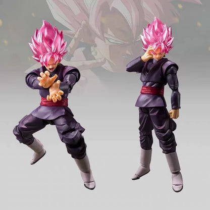 Two action figures with pink hair and purple outfits on a gray background Bandai S.H.Figuarts Dragon Ball Super: Super Saiyan Rosé Goku Black Authentic Premium Action Figure