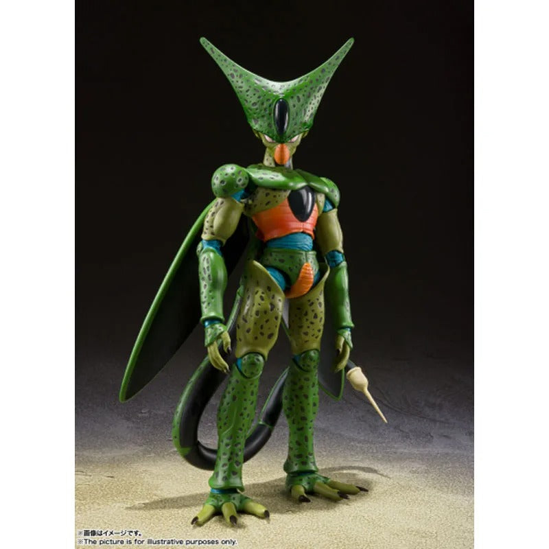 Green alien-like figure with a pointed head on a dark background Bandai S.H.Figuarts Dragon Ball Z: Cell First Form Authentic 17cm Premium Action Figure