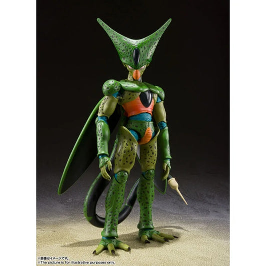 Green alien-like figure with a pointed head on a dark background Bandai S.H.Figuarts Dragon Ball Z: Cell First Form Authentic 17cm Premium Action Figure