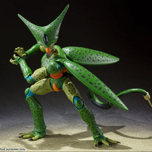 Green alien-like figure with large eyes and spiky head on a dark background Bandai S.H.Figuarts Dragon Ball Z: Cell First Form Authentic 17cm Premium Action Figure