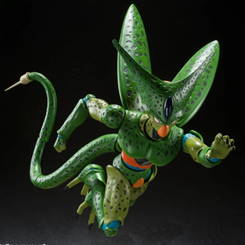 Green alien-like figure with large head and long tail on a black background Bandai S.H.Figuarts Dragon Ball Z: Cell First Form Authentic 17cm Premium Action Figure