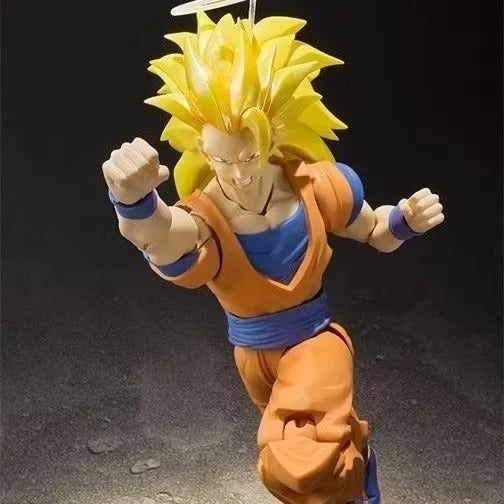 Action figure in a dynamic pose with a dark background Bandai S.H.Figuarts Dragon Ball Z: Super Saiyan 3 Son Goku Authentic Premium 2.0 Generation Articulated Action Figure