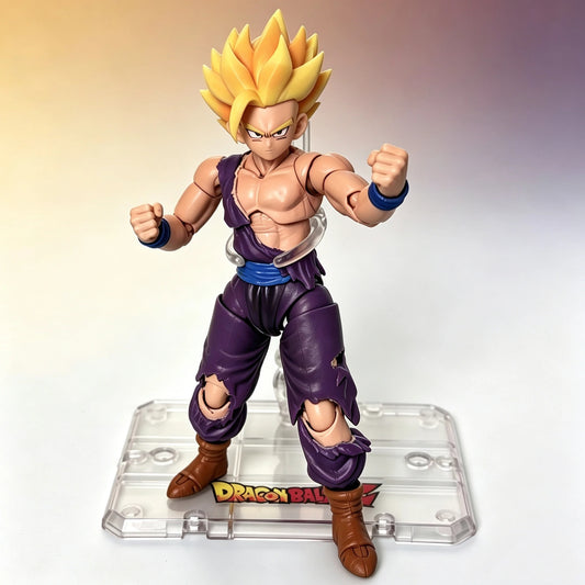 Action figure of a character from Dragon Ball on a clear stand with a gradient background Bandai S.H.Figuarts Dragon Ball Z: Super Saiyan Gohan Authentic Premium Action Figure