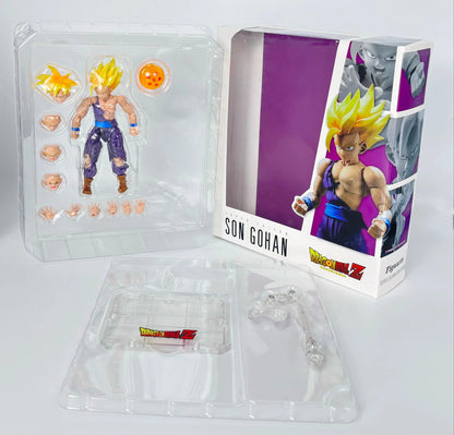 Action figure of Son Gohan from Dragon Ball Z in packaging with interchangeable parts. Bandai S.H.Figuarts Dragon Ball Z: Super Saiyan Gohan Authentic Premium Action Figure