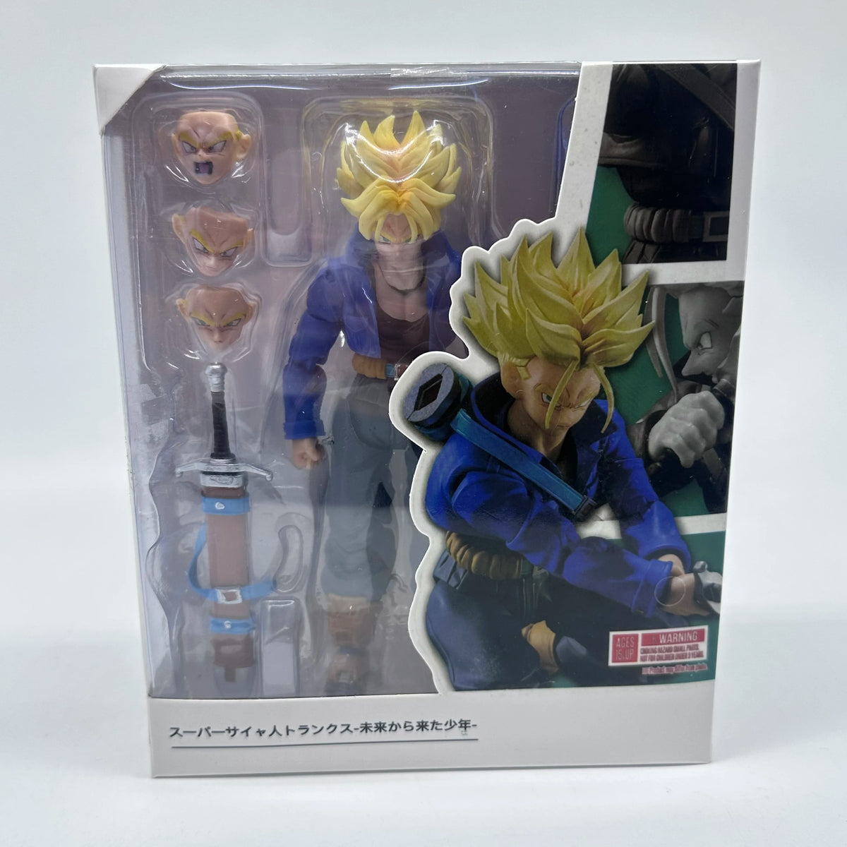 Action figure in packaging with character illustration on a white background Bandai S.H.Figuarts Dragon Ball Z: Super Saiyan Trunks Authentic Premium Action Figure
