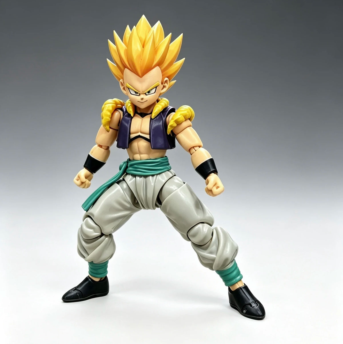 Action figure of a character with spiky hair and green outfit on a gray background Bandai S.H.Figuarts Dragon Ball Z/Super: Super Saiyan Gotenks Authentic Premium Action Figure