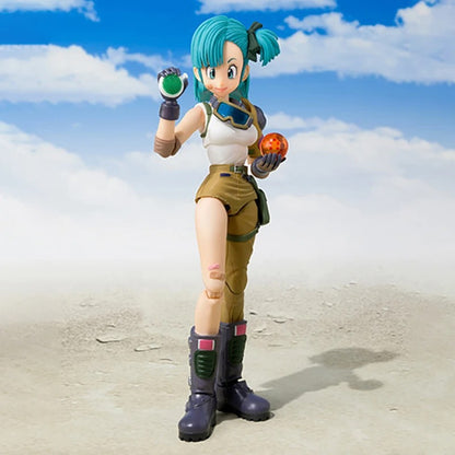 Action figure with green hair and a blue sky background Bandai S.H.Figuarts Original Dragon Ball: Bulma Authentic Premium Action Figure
