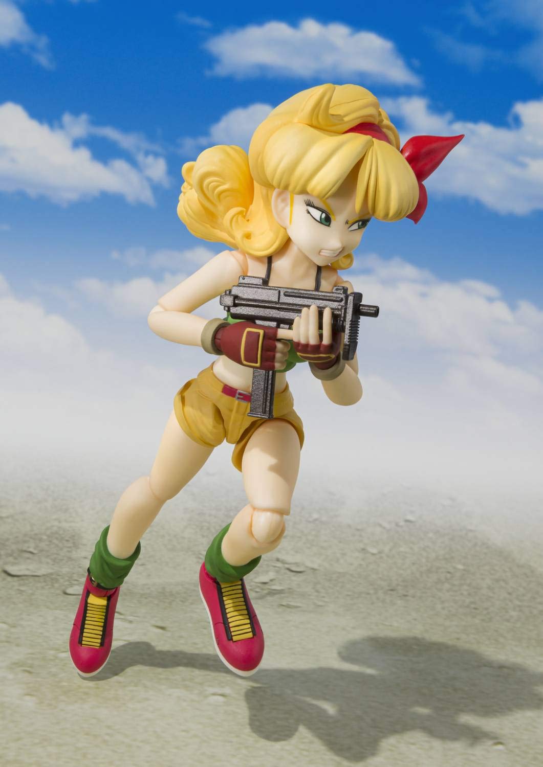 Action figure with blonde hair and a weapon against a blue sky background Bandai S.H.Figuarts Original Dragon Ball: Launch Authentic Premium Action Figure – Dual-Personality Edition
