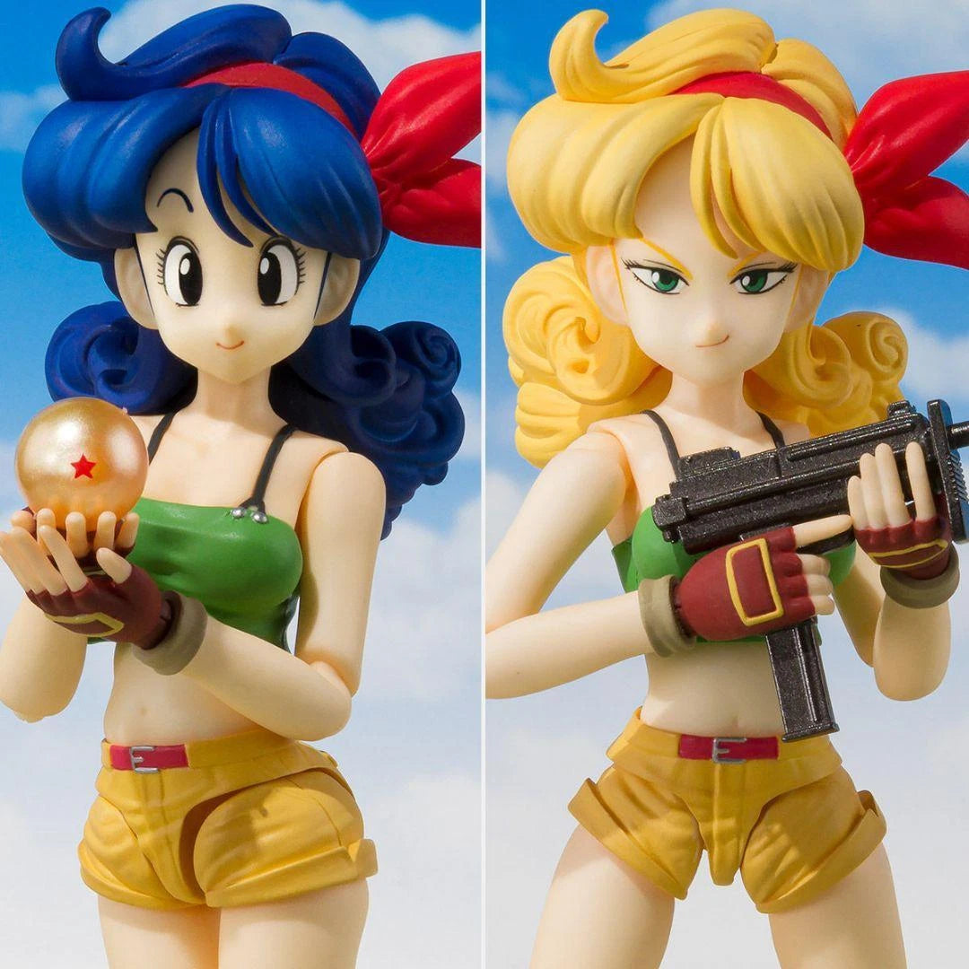Two action figures with blue and yellow hair against a clear sky. Bandai S.H.Figuarts Original Dragon Ball: Launch Authentic Premium Action Figure – Dual-Personality Edition