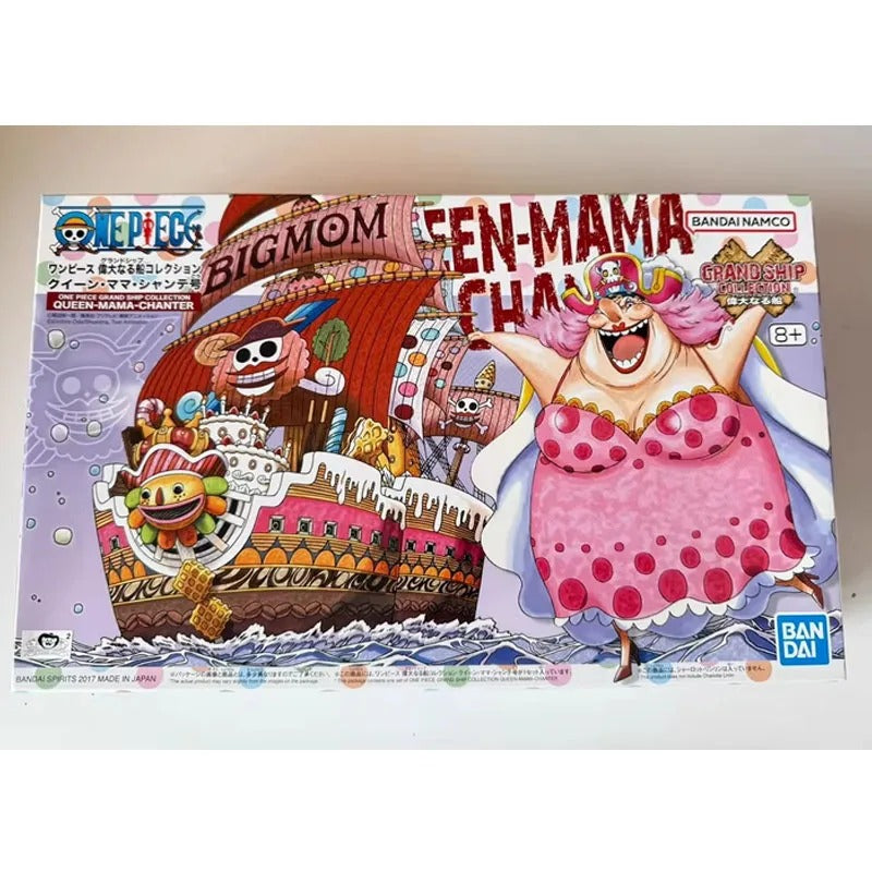 Product packaging for a model kit of Big Mom from One Piece series, featuring a large ship and character in a pink dress. Bandai Spirits Hobby One Piece Grand Ship Collection: Queen Mama Chanter – Authentic Scale Model Kit (Big Mom Pirates Flagship)