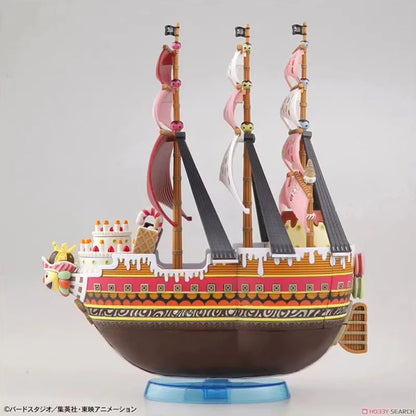 Model ship with detailed design on a gray background Bandai Spirits Hobby One Piece Grand Ship Collection: Queen Mama Chanter – Authentic Scale Model Kit (Big Mom Pirates Flagship)