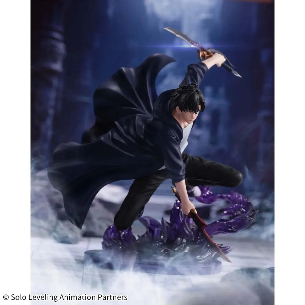 Action figure of a character in a dark outfit with a weapon, set against a mystical background. Banpresto Solo Leveling Sung Jin-woo Figure Authentic Bandai Spirits ESPRESTO Excite Motions Vol. 1 Shadow Monarch Assassin Action Statue diorama