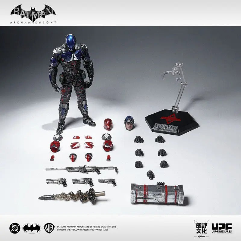 Batman figure with accessories on a gray background, featuring the Batman logo and branding. Batman: Arkham Knight (Soldier Warrior Edition) 1/12 Scale Premium Action Figures by LPZZ