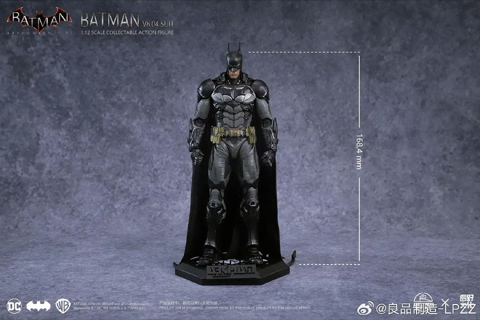 Batman action figure with measurements on a gray background Batman: Arkham Knight (Soldier Warrior Edition) 1/12 Scale Premium Action Figures by LPZZ 