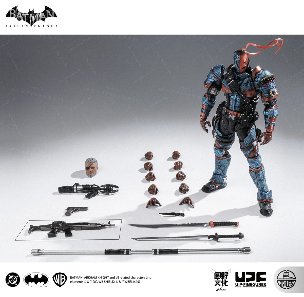 Action figure with accessories on a gray background, featuring Batman and UDF logos. Batman: Arkham Knight (Soldier Warrior Edition) 1/12 Scale Premium Action Figures by LPZZ