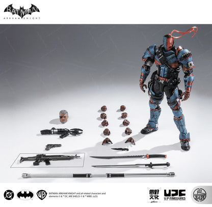 Action figure with accessories on a gray background, featuring Batman and UDF logos. Batman: Arkham Knight (Soldier Warrior Edition) 1/12 Scale Premium Action Figures by LPZZ