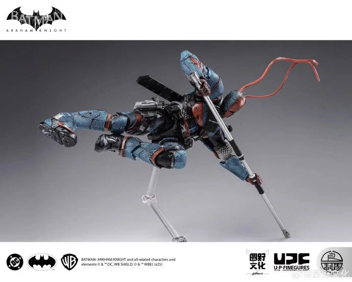 Action figure of a superhero in dynamic pose with a bow, on a gray background with Batman logo. Batman: Arkham Knight (Soldier Warrior Edition) 1/12 Scale Premium Action Figures by LPZZ