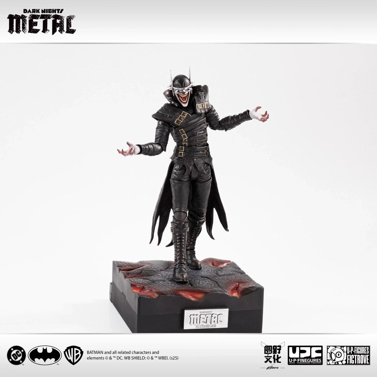 Dark Knight Metal figurine on a white background with logos at the bottom. Batman: Arkham Knight (Soldier Warrior Edition) 1/12 Scale Premium Action Figures by LPZZ