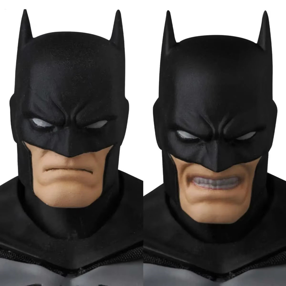 Two views of a Batman mask with a white background