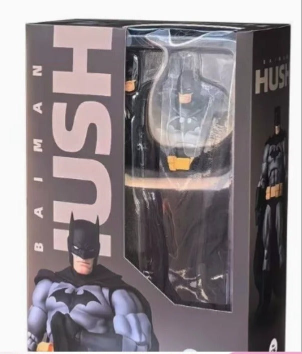 Batman figure in packaging with 'Hush' text on a black background Batman: Hush (Black Version) 1/12 Scale Collectible Action Figure by CT Toys
