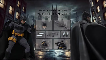 Batman figure with packaging displaying features and accessories on a dark cityscape background. Batman: The Dark Knight Returns "Night Ranger" Collectible Action Figure by Joy Man Toys (JM004)