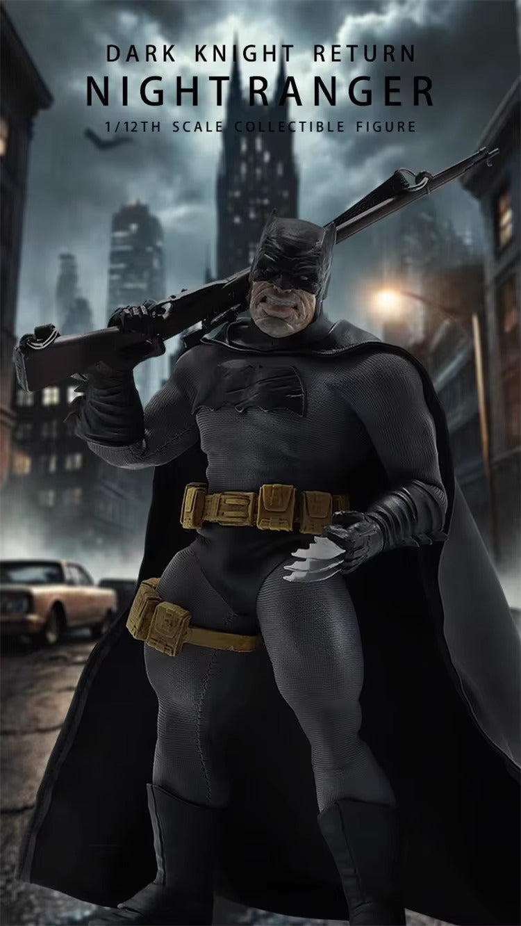Figure of a character in a dark costume holding a rifle against a cityscape background. Batman: The Dark Knight Returns "Night Ranger" Collectible Action Figure by Joy Man Toys (JM004)