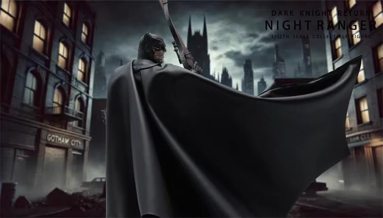 Batman in a dark cape overlooking a city street with a gothic cathedral in the background, featuring the text 'Dark Knight Rises Night Ranger'.