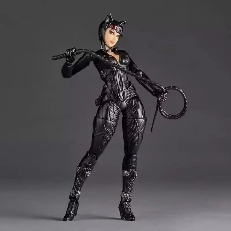 Action figure in a black cat-themed costume with a dark background Catwoman (Selina Kyle) Amazing Yamaguchi 1/12 Scale Action Figure by Kaiyodo
