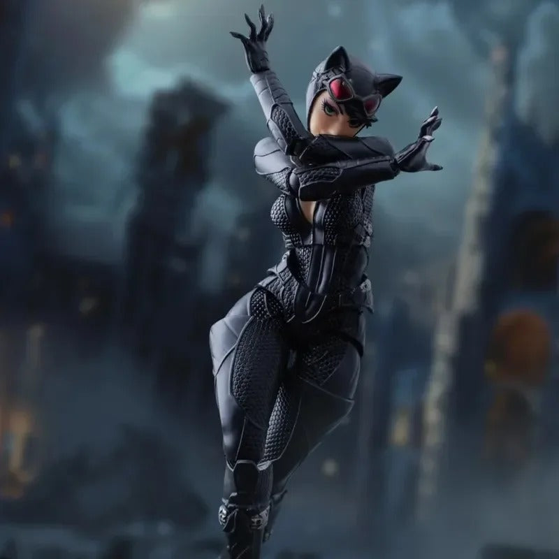 Action figure in a dark, futuristic outfit against a blurred background Catwoman (Selina Kyle) Amazing Yamaguchi 1/12 Scale Action Figure by Kaiyodo