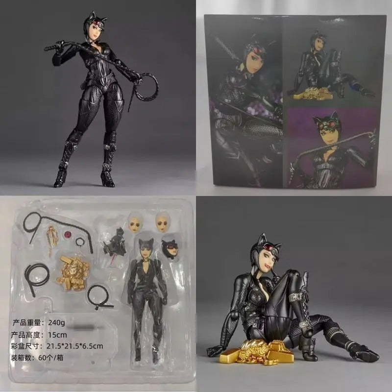 Catwoman action figure with packaging and accessories on a gray background Catwoman (Selina Kyle) Amazing Yamaguchi 1/12 Scale Action Figure by Kaiyodo