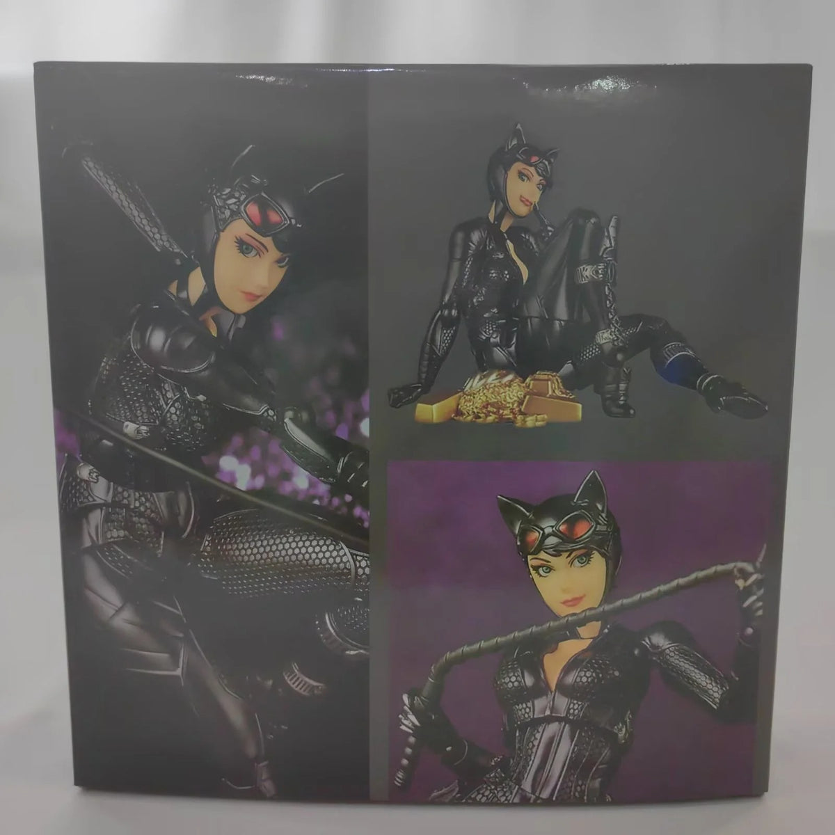 Catwoman action figure packaging with multiple poses on a black background Catwoman (Selina Kyle) Amazing Yamaguchi 1/12 Scale Action Figure by Kaiyodo