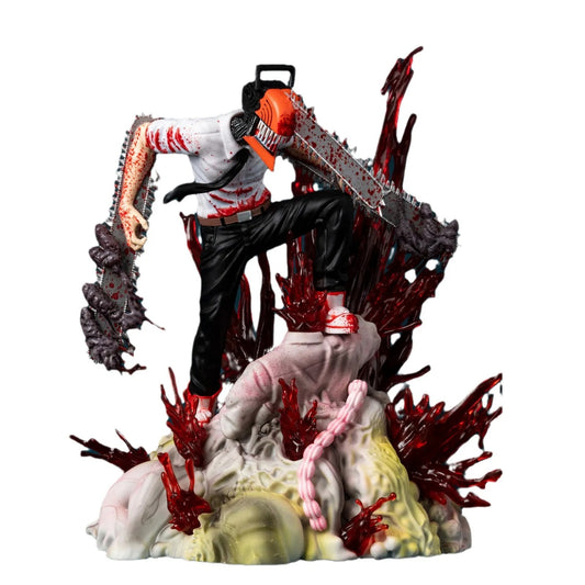 Statue of a character with a chainsaw, surrounded by blood and destruction on a white background. Chainsaw Man Denji 29cm Battle Scene Authentic Diorama Figure – Premium Visceral Gore & Translucent Blood Splatter Extra-Large Collectible Character Statue