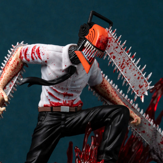 Action figure with a chainsaw, blood effects, on a dark background. Chainsaw Man Denji 29cm Battle Scene Authentic Diorama Figure – Premium Visceral Gore & Translucent Blood Splatter Extra-Large Collectible Character Statue