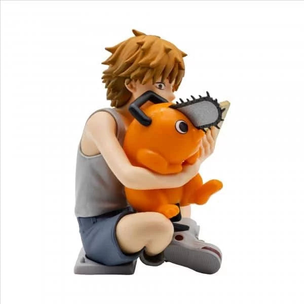 Figurine of a person hugging an orange creature with a chainsaw on a white background. Chainsaw Man Denji & Pochita Authentic Break Time Collection Vol.3 Fixed-Pose Interaction Statue by Bandai Banpresto
