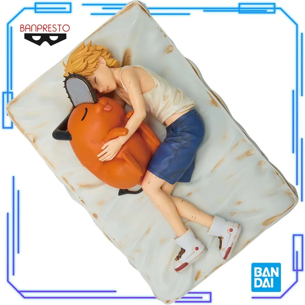 Figurine of a character hugging a large orange creature on a tortilla-like surface, with Banpresto and Bandai logos. Chainsaw Man Denji & Pochita Authentic Break Time Collection Vol.4 Fixed-Pose Sleep Scenario Statue by Bandai Banpresto