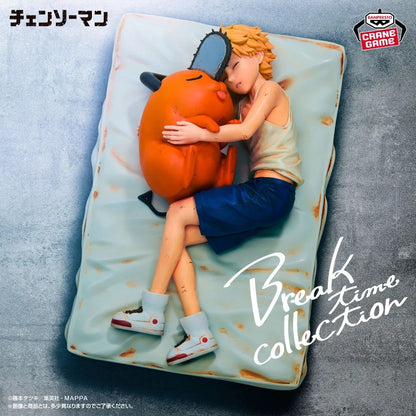 Figurine of Denji hugging  Pochita with 'Break Time Collection' text on a textured background. Chainsaw Man Denji & Pochita Authentic Break Time Collection Vol.4 Fixed-Pose Sleep Scenario Statue by Bandai Banpresto