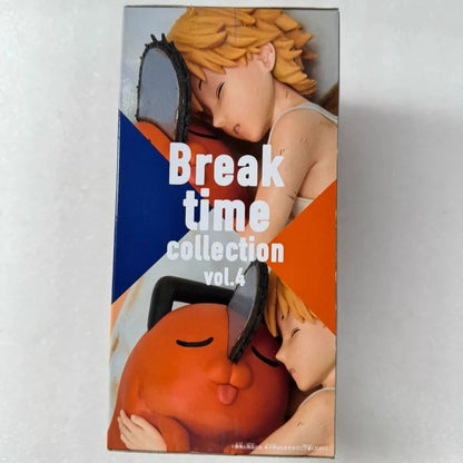 Book or magazine cover titled 'Break time collection vol.4' with illustrations of a person and a dog. Chainsaw Man Denji & Pochita Authentic Break Time Collection Vol.4 Fixed-Pose Sleep Scenario Statue by Bandai Banpresto box