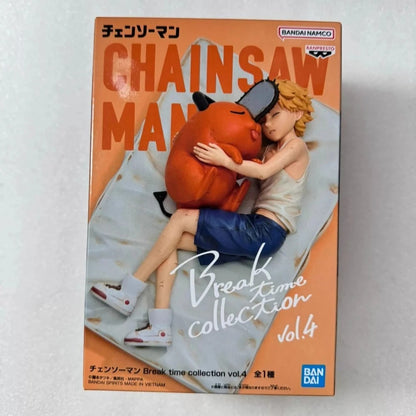 Chainsaw Man figurine packaging with character holding a large orange dog on an orange background. Chainsaw Man Denji & Pochita Authentic Break Time Collection Vol.4 Fixed-Pose Sleep Scenario Statue by Bandai Banpresto