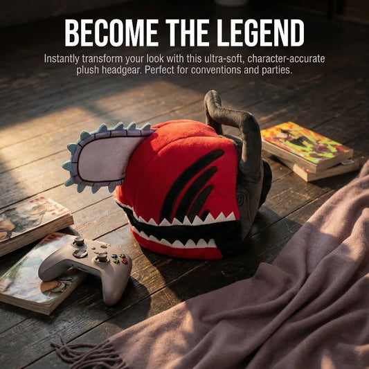 Plush headgear with shark design on a wooden surface with text about its use. Chainsaw Man Denji Premium Plush Headgear Cosplay Helmet – 35x25cm Wearable Ultra-Soft Anime Costume Mask