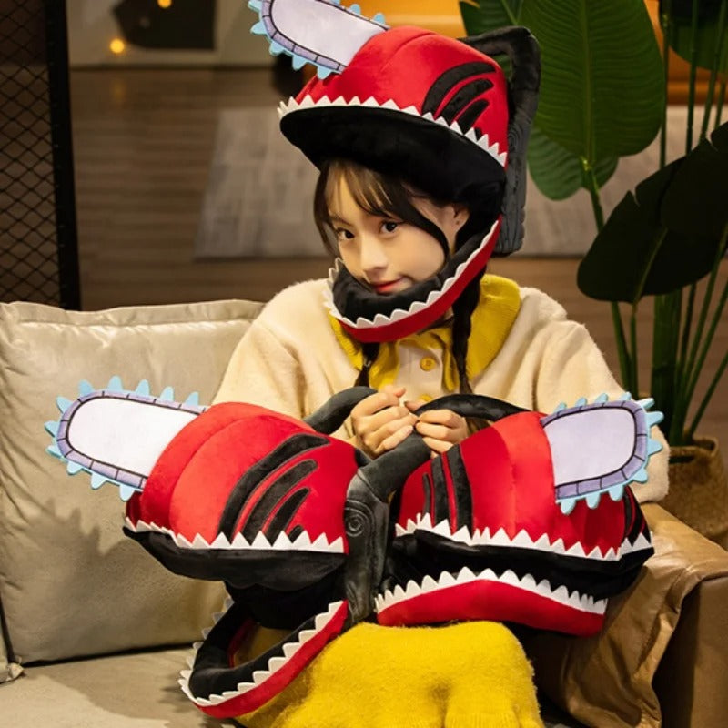 Person wearing a red and black dinosaur costume with large gloves and helmet indoors. Chainsaw Man Denji Premium Plush Headgear Cosplay Helmet – 35x25cm Wearable Ultra-Soft Anime Costume Mask worn