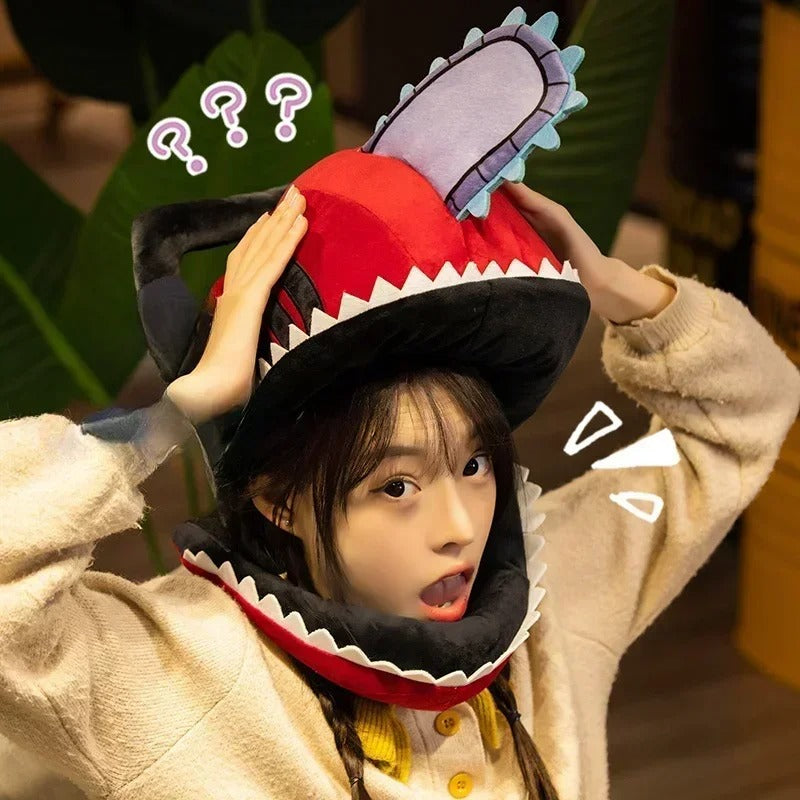 Person wearing a shark-themed hat with a surprised expression. Chainsaw Man Denji Premium Plush Headgear Cosplay Helmet – 35x25cm Wearable Ultra-Soft Anime Costume Mask