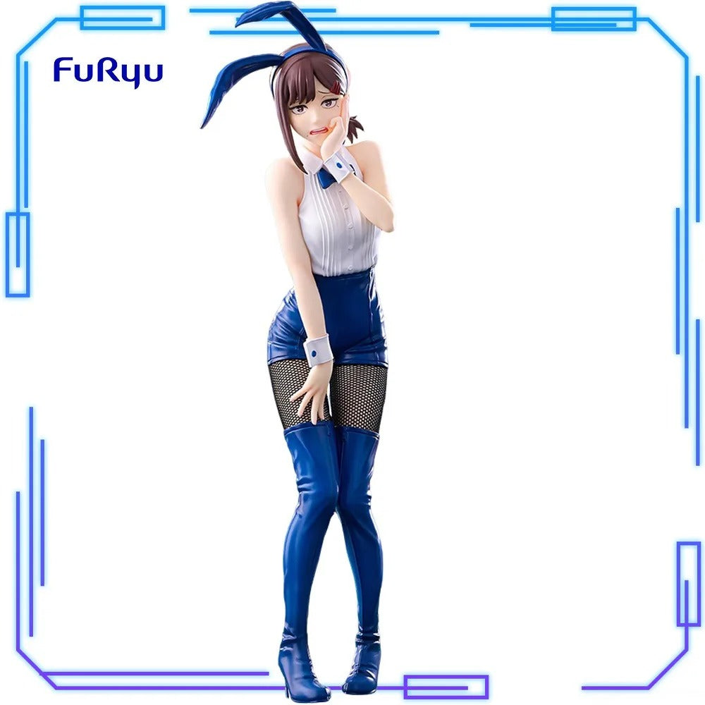 Anime character figurine with blue hair and outfit on a white background, branded 'Furyu'. Chainsaw Man Kobeni Higashiyama Authentic 24cm BiCute Bunnies Figure – Real Fabric Fishnet Tuxedo Costume Statue by FuRyu